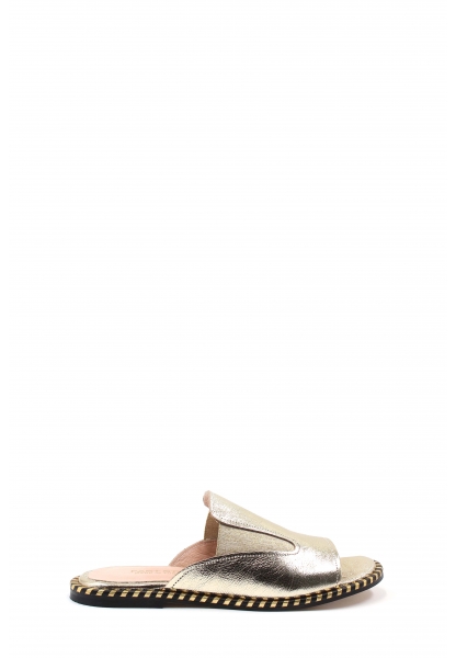 MirgeShoes Kadın Düz Terlik İçi Dışı Hakiki Deri Altın  MRG011018261463