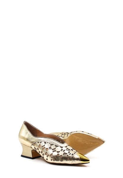 MirgeShoes Altın Kadın Kalın Topuklu Ayakkabı İçi Dışı Hakiki Deri MRG01194261583