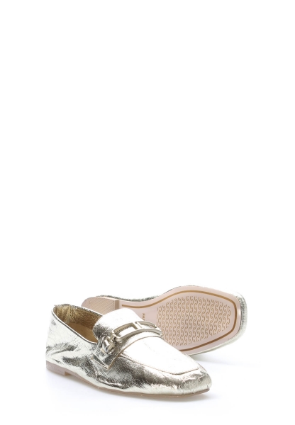 MirgeShoes Altın Rahat Kadın Babet Ayakkabı İçi Dışı Hakiki Deri MRG01340261222