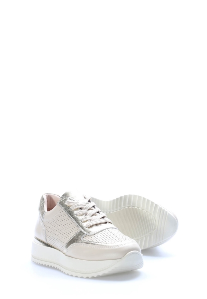 MirgeShoes Bej-Altın Bağcıklı Kadın Casual Ayakkabı İçi Dışı Hakiki Deri MRG0188726125299