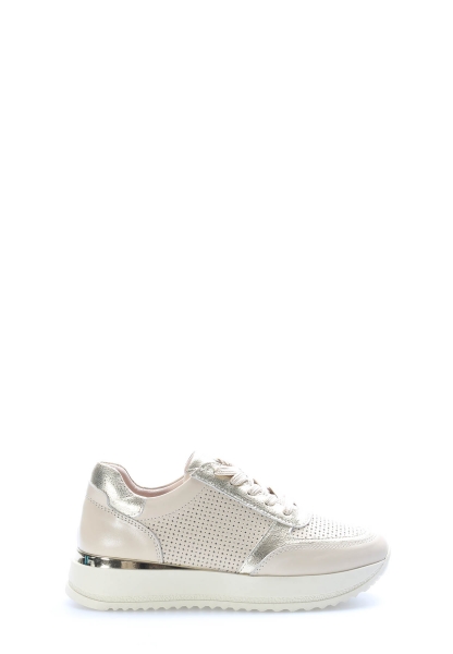 MirgeShoes Bej-Altın Bağcıklı Kadın Casual Ayakkabı İçi Dışı Hakiki Deri MRG0188726125299
