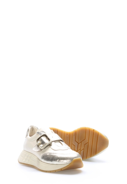 MirgeShoes Bej-Altın Bantlı Kadın Spor Ayakkabı İçi Dışı Hakiki Deri MRG0114026181014
