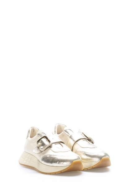 MirgeShoes Bej-Altın Bantlı Kadın Spor Ayakkabı İçi Dışı Hakiki Deri MRG0114026181014