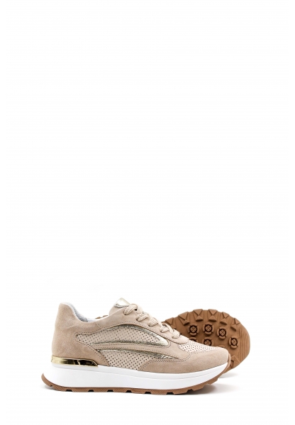 MirgeShoes Bej-Altın Bağcıklı Kadın Spor Ayakkabı İçi Dışı Hakiki Deri MRG0188726124266