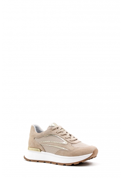 MirgeShoes Bej-Altın Bağcıklı Kadın Spor Ayakkabı İçi Dışı Hakiki Deri MRG0188726124266