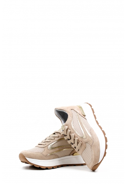 MirgeShoes Bej-Altın Bağcıklı Kadın Spor Ayakkabı İçi Dışı Hakiki Deri MRG0188726124266