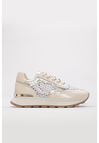 MirgeShoes Bej-Altın Bağcıklı Kadın Spor Ayakkabı İçi Dışı Hakiki Deri MRG0188726124268