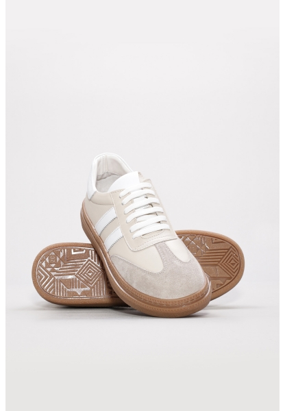 MirgeShoes Bej-Beyaz Bağcıklı Kadın Casual Ayakkabı İçi Dışı Hakiki Deri MRG011064261345