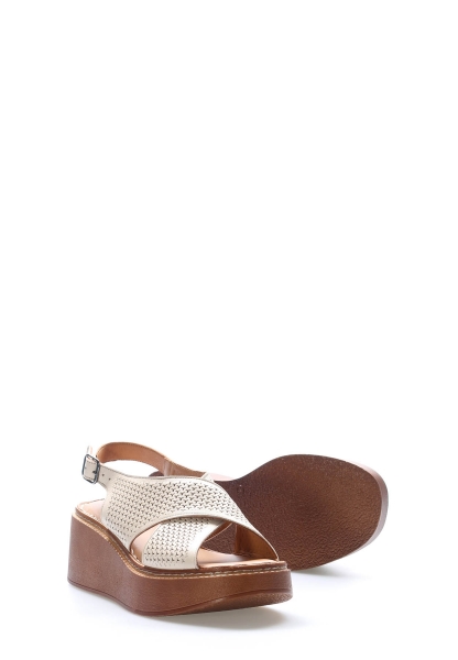 MirgeShoes Kadın Dolgu Topuk Sandalet İçİ Dışı Hakiki Deri Bej   MRG017512611081