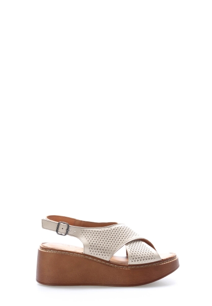 MirgeShoes Kadın Dolgu Topuk Sandalet İçİ Dışı Hakiki Deri Bej   MRG017512611081