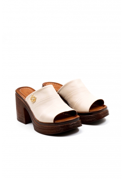 MirgeShoes Kadın Kalın Topuklu Terlik İçi Dışı Hakiki Deri Bej  MRG012542615388