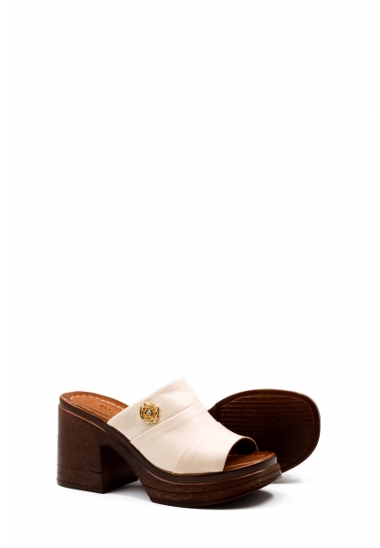 MirgeShoes Kadın Kalın Topuklu Terlik İçi Dışı Hakiki Deri Bej  MRG012542615388