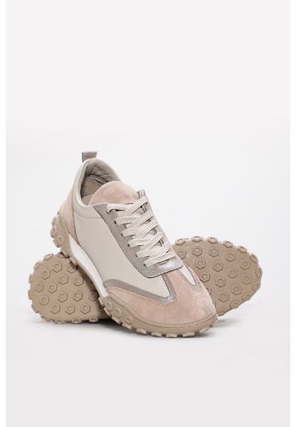 MirgeShoes Bej Bağcıklı Kadın Spor Sneaker Ayakkabı İçi Dışı Hakiki Deri MRG0129926124252
