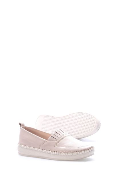 MirgeShoes Bej Bağcıksız Kadın Casual Ayakkabı İçi Dışı Hakiki Deri MRG012942612227