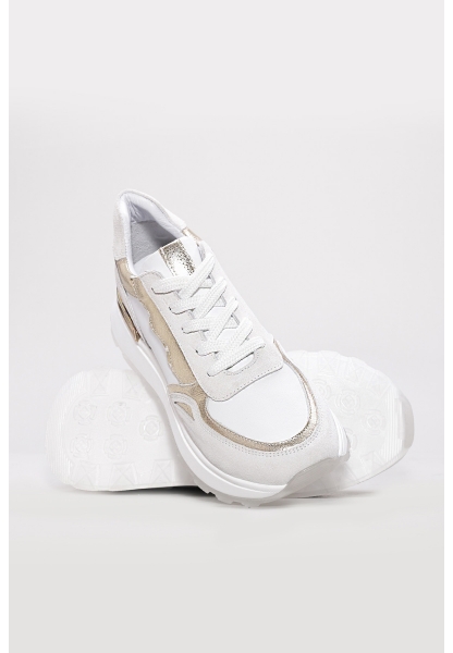 MirgeShoes Beyaz-Altın Bağcıklı Kadın Spor Ayakkabı İçi Dışı Hakiki Deri MRG0188726124283