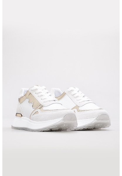 MirgeShoes Beyaz-Altın Bağcıklı Kadın Spor Ayakkabı İçi Dışı Hakiki Deri MRG0188726124283