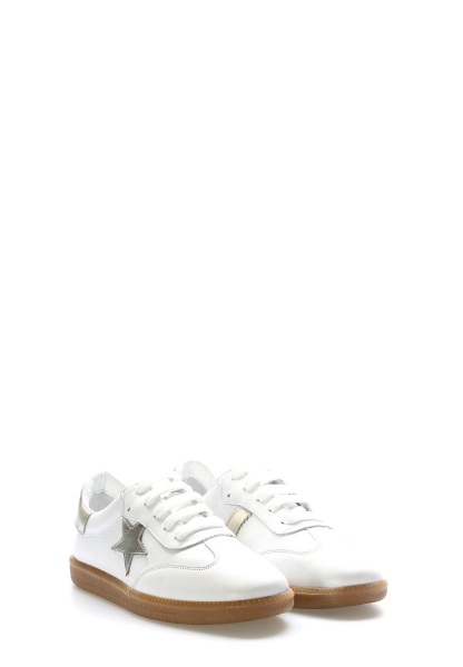 MirgeShoes Beyaz-Gold Bağcıklı Kadın Casual Ayakkabı İçi Dışı Hakiki Deri MRG01312261232525341