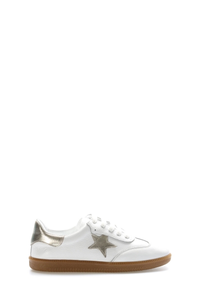 MirgeShoes Beyaz-Gold Bağcıklı Kadın Casual Ayakkabı İçi Dışı Hakiki Deri MRG01312261232525341