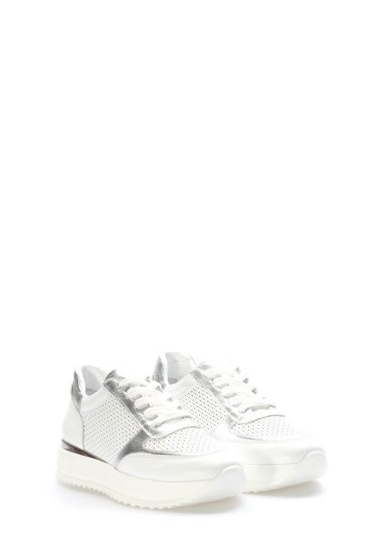 MirgeShoes Beyaz-Gümüş Bağcıklı Kadın Casual Ayakkabı İçi Dışı Hakiki Deri MRG0188726125299