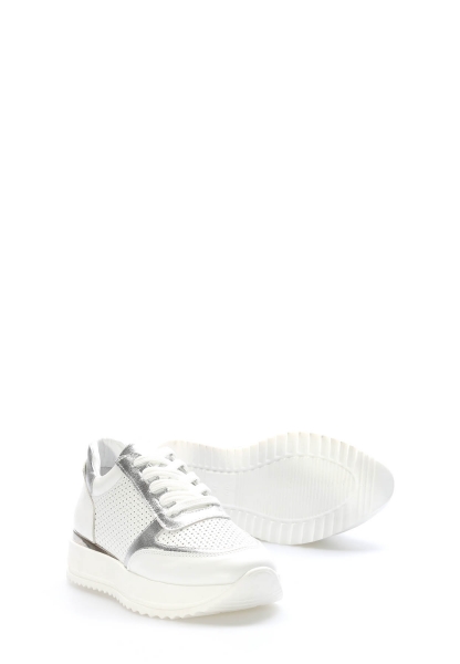 MirgeShoes Beyaz-Gümüş Bağcıklı Kadın Casual Ayakkabı İçi Dışı Hakiki Deri MRG0188726125299