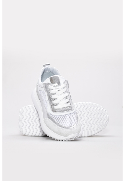 MirgeShoes Beyaz-Gümüş Bağcıklı Kadın Spor Ayakkabı İçi Dışı Hakiki Deri MRG012662619248
