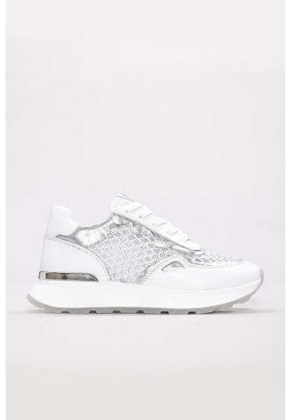 MirgeShoes Beyaz-Gümüş Bağcıklı Kadın Spor Ayakkabı İçi Dışı Hakiki Deri MRG0188726124268