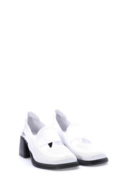 MirgeShoes Beyaz Kadın Kalın Topuklu Ayakkabı İçi Dışı Hakiki Deri MRG01347261751019