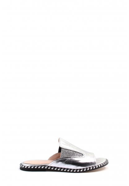 MirgeShoes Kadın Düz Terlik İçi Dışı Hakiki Deri Gümüş  MRG011018261463