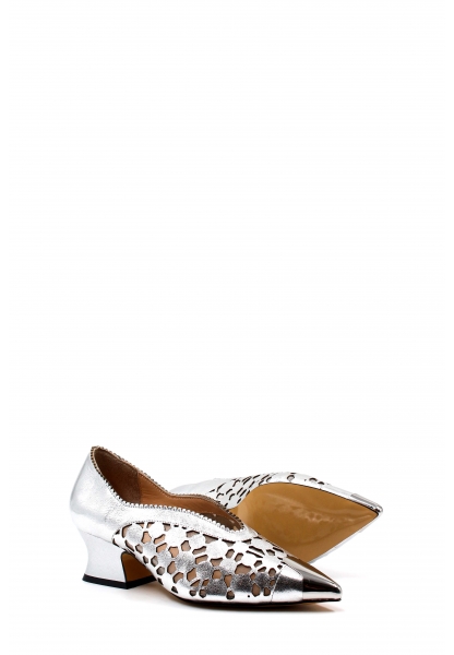 MirgeShoes Gümüş Kadın Kalın Topuklu Ayakkabı İçi Dışı Hakiki Deri MRG01194261583