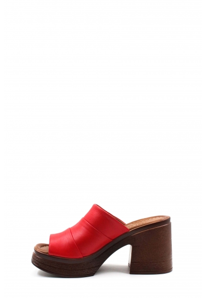 MirgeShoes Kadın Kalın Topuklu Terlik İçi Dışı Hakiki Deri Kırmızı  MRG012542615388