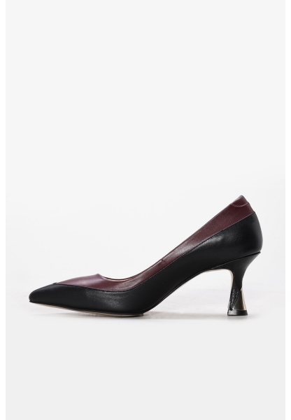 MirgeShoes Siyah-Bordo Kadın İnce Topuk Ayakkabı İçi Dışı Hakiki Deri MRG013452613419
