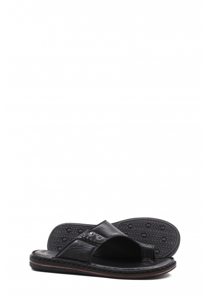 MirgeShoes Erkek Parmak Arası Terlik İçi Dışı Hakiki Deri Siyah MRG01258131336