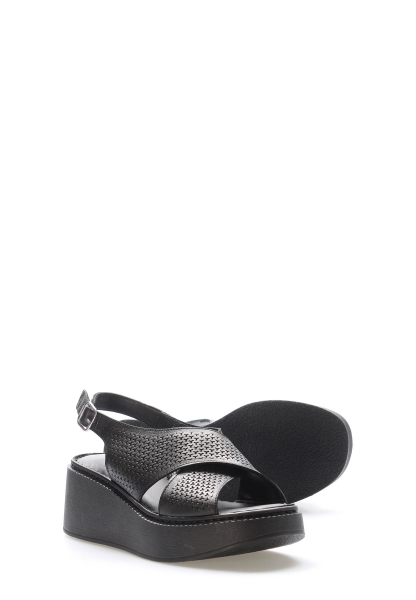 MirgeShoes Kadın Dolgu Topuk Sandalet İçi Dışı Hakiki Deri Siyah  MRG017512611081
