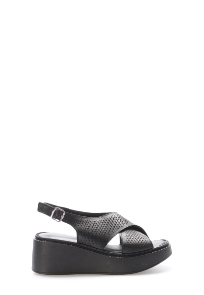 MirgeShoes Kadın Dolgu Topuk Sandalet İçi Dışı Hakiki Deri Siyah  MRG017512611081