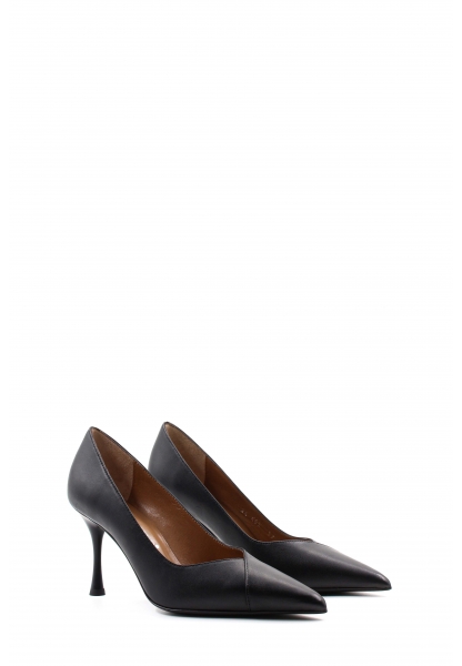 MirgeShoes Siyah Kadın İnce Topuk Ayakkabı İçi Dışı Hakiki Deri MRG011426124702