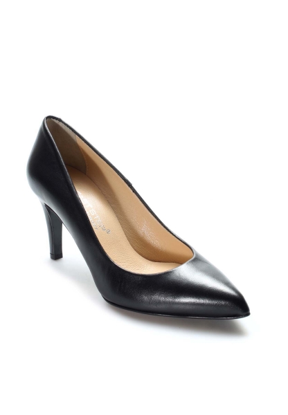 MirgeShoes Siyah Kadın İnce Topuk Ayakkabı İçi Dışı Hakiki Deri MRG011492619909