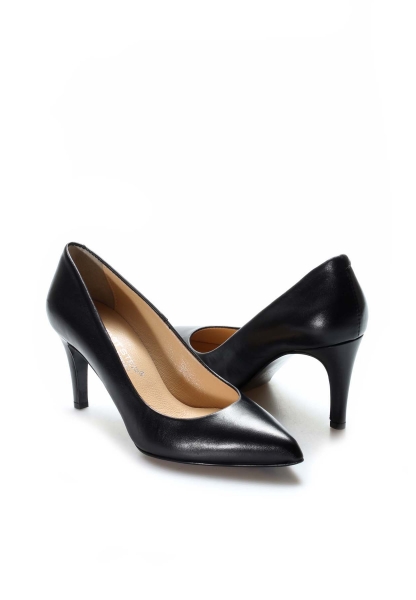 MirgeShoes Siyah Kadın İnce Topuk Ayakkabı İçi Dışı Hakiki Deri MRG011492619909