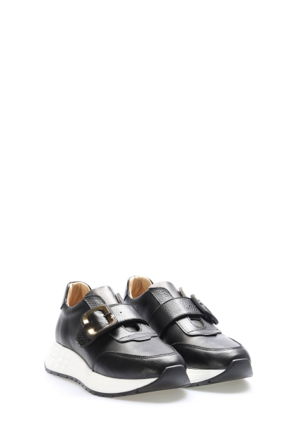 MirgeShoes Siyah Bantlı Kadın Casual Ayakkabı İçi Dışı Hakiki Deri MRG01140ZA81014