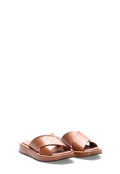 MirgeShoes Kadın Düz Terlik İçi Dışı Hakiki Deri Taba  MRG01840261917