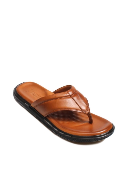MirgeShoes Erkek Parmak Arası Terlik İçi Dışı Hakiki Deri Taba MRG011481317-428