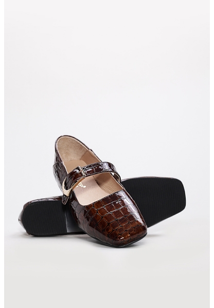 MirgeShoes Kahve Tokalı Kadın Babet Rugan Ayakkabı İçi Dışı Hakiki Kroko Deri MRG013402619974