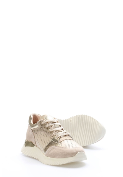 MirgeShoes Bej-Altın Bağcıklı Kadın Casual Ayakkabı İçi Dışı Hakiki Süet Deri MRG0188726125258