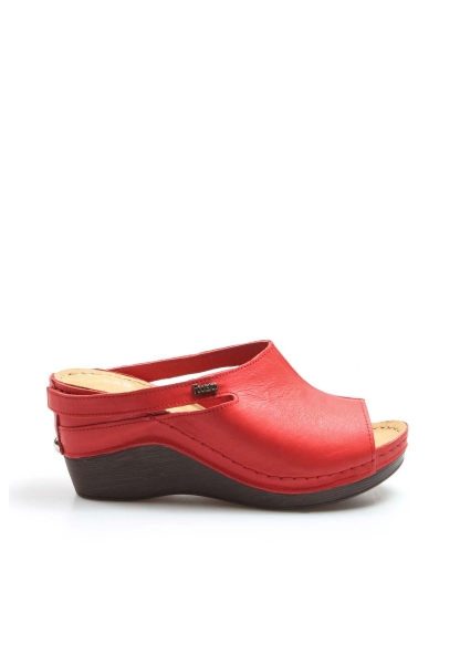 MirgeShoes Kadın Dolgu Topuklu Terlik İçi Dışı Hakiki Deri Kırmızı  MRG0111022611113