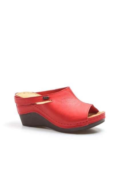 MirgeShoes Kadın Dolgu Topuklu Terlik İçi Dışı Hakiki Deri Kırmızı  MRG0111022611113