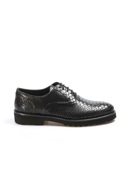 MirgeShoes Siyah Bağcıklı Erkek Klasik Ayakkabı Yılan Baskılı İçi Dışı Hakiki Deri MRG013821316553