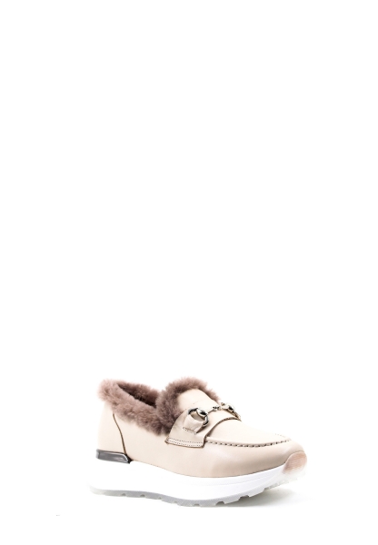 MirgeShoes Bej Bağcıksız Kadın Casual Ayakkabı İçi Kürklü Dışı Hakiki Deri MRG018871126124718