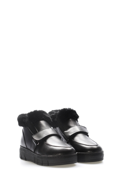 MirgeShoes Siyah Bantlı Kadın Bot İçi Kürklü Dışı Hakiki Deri MRG011046112613917
