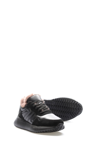 MirgeShoes Siyah Bağcıklı Kadın Casual Ayakkabı İçi Kürklü Dışı Hakiki Deri MRG01266112619228