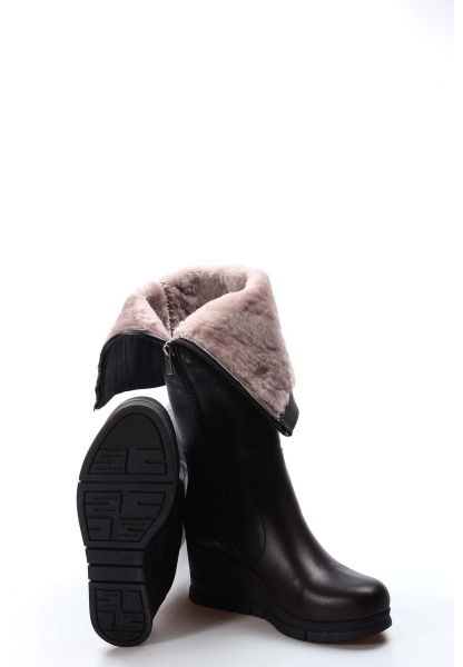 MirgeShoes Siyah Kadın Dolgu Topuklu Çizme İçi Kürklü Dışı Hakiki Deri MRG01194112611118