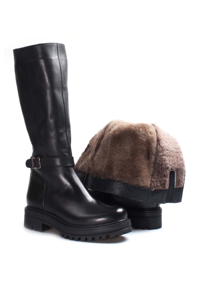 MirgeShoes Siyah Kadın Kalın Taban Klasik Çizme İçi Kürklü Dışı Hakiki Deri MRG018871126122612
